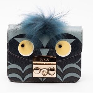 NEW FURLA Metropolis Jungle Leather Owl Clutch Bag Push Lock Grainy Panel